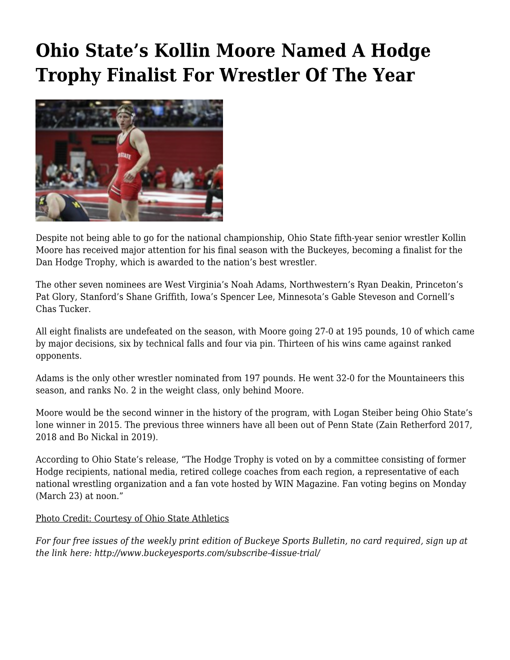 S Kollin Moore Named a Hodge Trophy Finalist for Wrestler of the Year