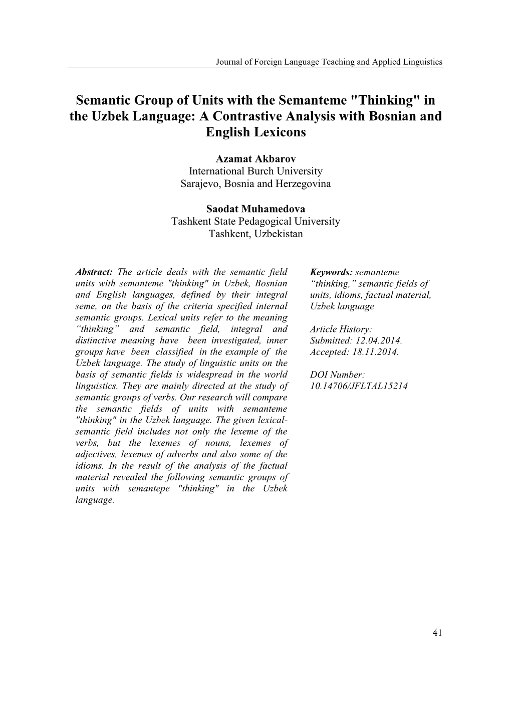 Semantic Group of Units with the Semanteme "Thinking" in the Uzbek Language: a Contrastive Analysis with Bosnian and English Lexicons