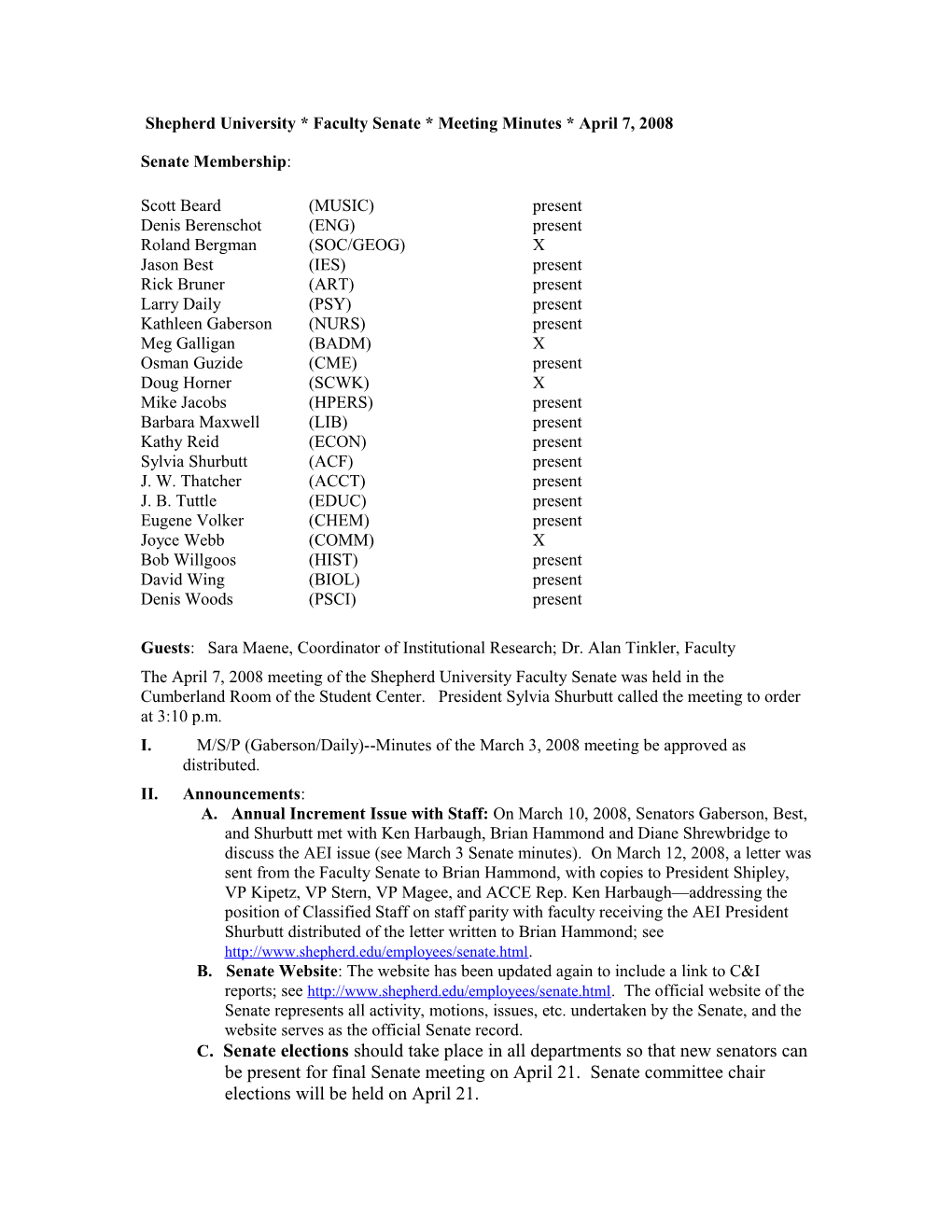 Senate Report Card, Academic Year 2007-2008