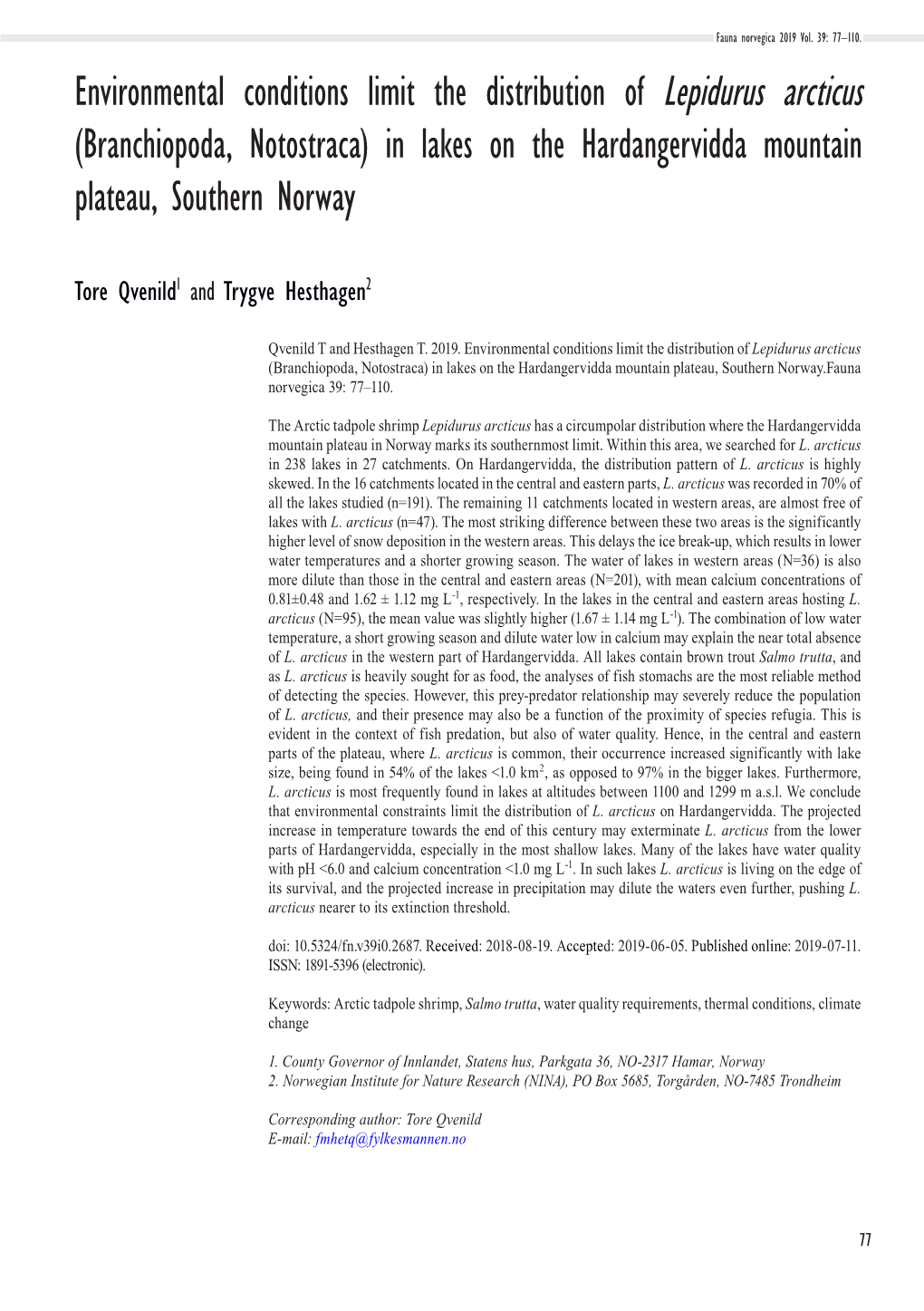 Environmental Conditions Limit the Distribution of Lepidurus Arcticus (Branchiopoda, Notostraca) in Lakes on the Hardangervidda Mountain Plateau, Southern Norway