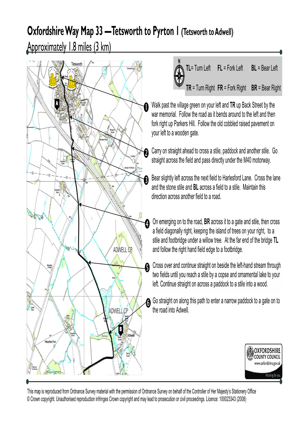 Oxfordshire Way Map 33 —Tetsworth to Pyrton 1 (Tetsworth to Adwell) Approximately 1.8 Miles (3 Km)