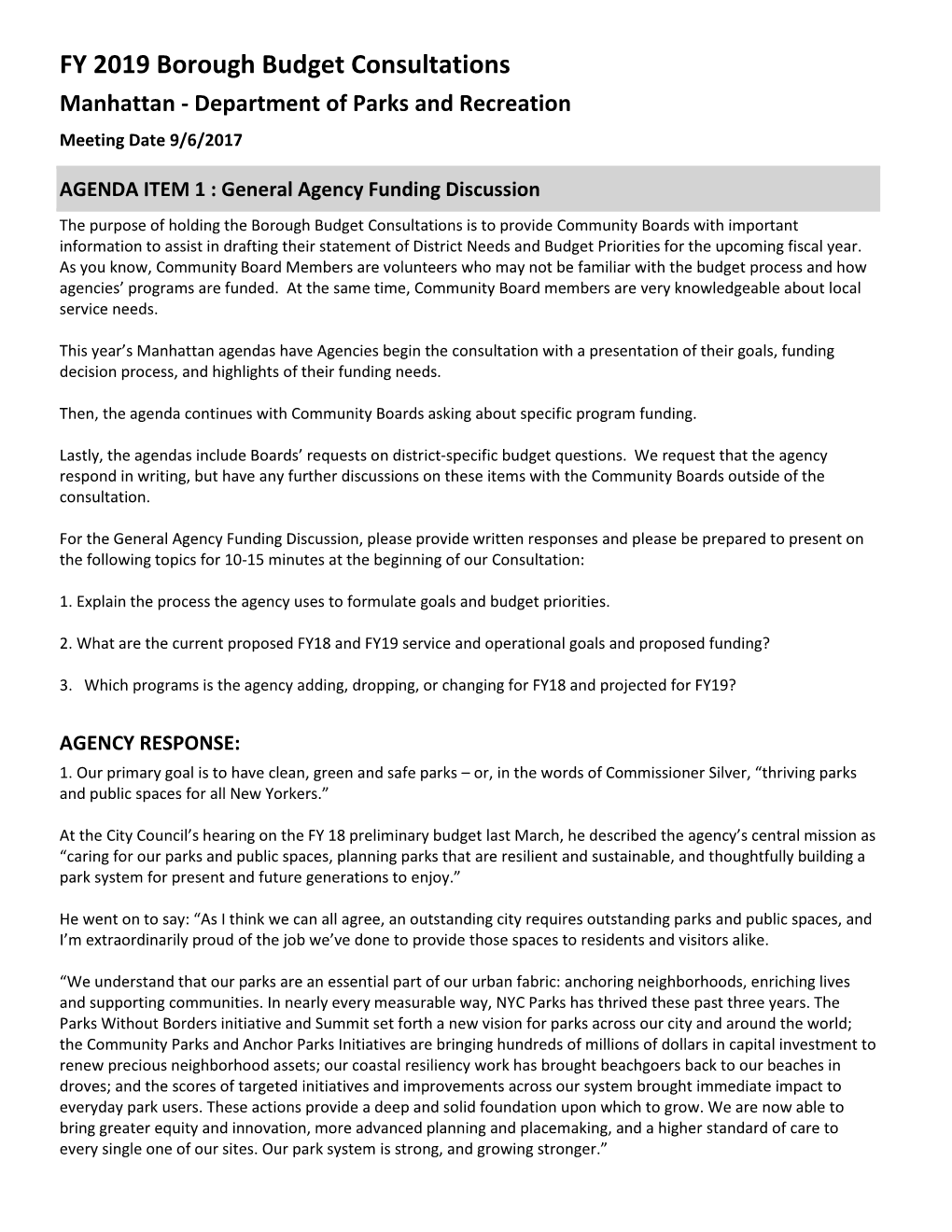 FY 2019 Borough Budget Consultations Manhattan