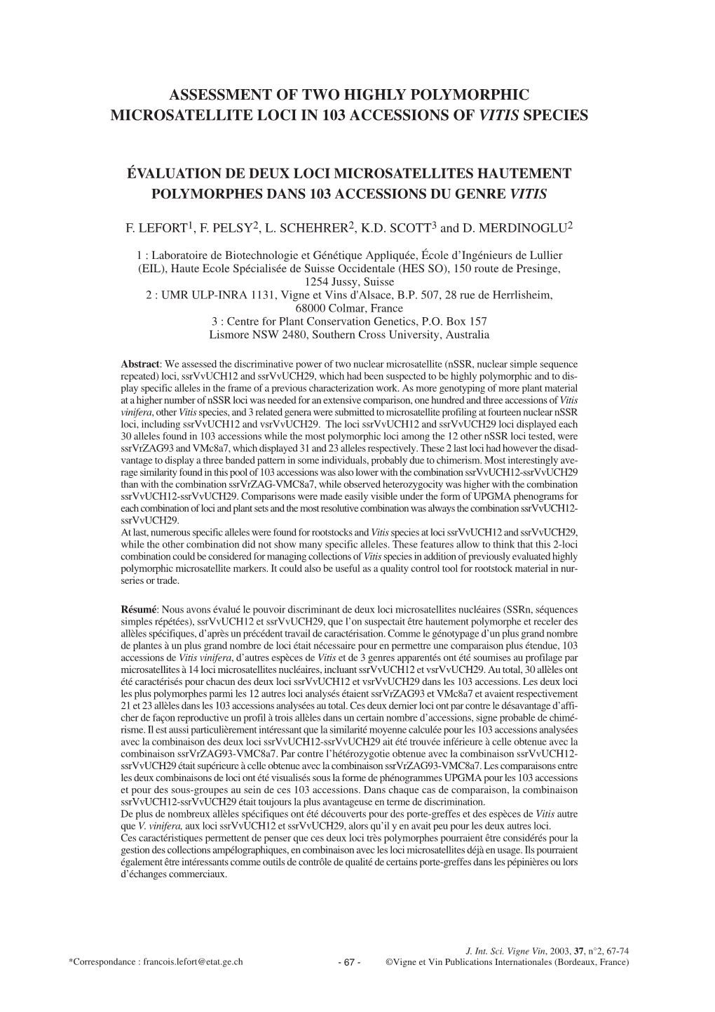 Assessment of Two Highly Polymorphic Microsatellite Loci in 103 Accessions of Vitis Species