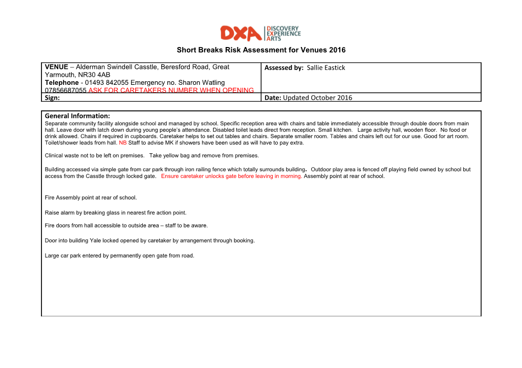 Short Breaks Risk Assessment for Venues 2016