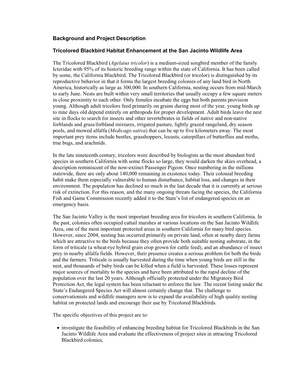 USDA Protection of Tricolor Winged Blackbird Habitat Project Description