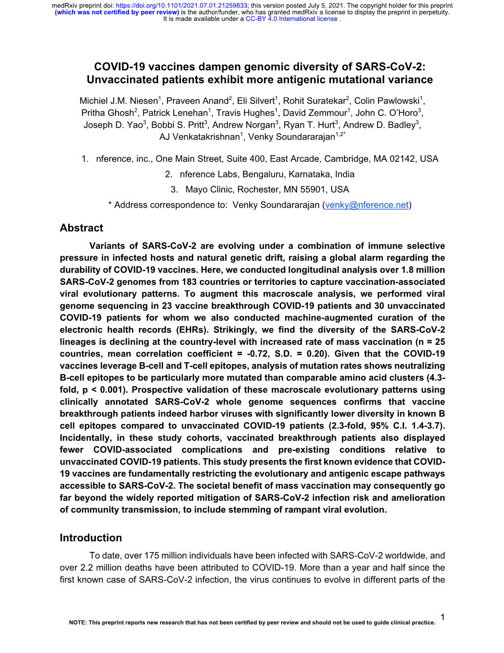 COVID-19 Vaccines Dampen Genomic Diversity of SARS-Cov-2: Unvaccinated Patients Exhibit More Antigenic Mutational Variance