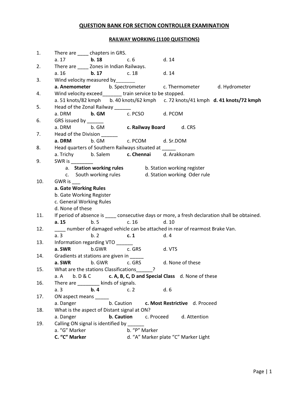 Question Bank for Section Controller Examination