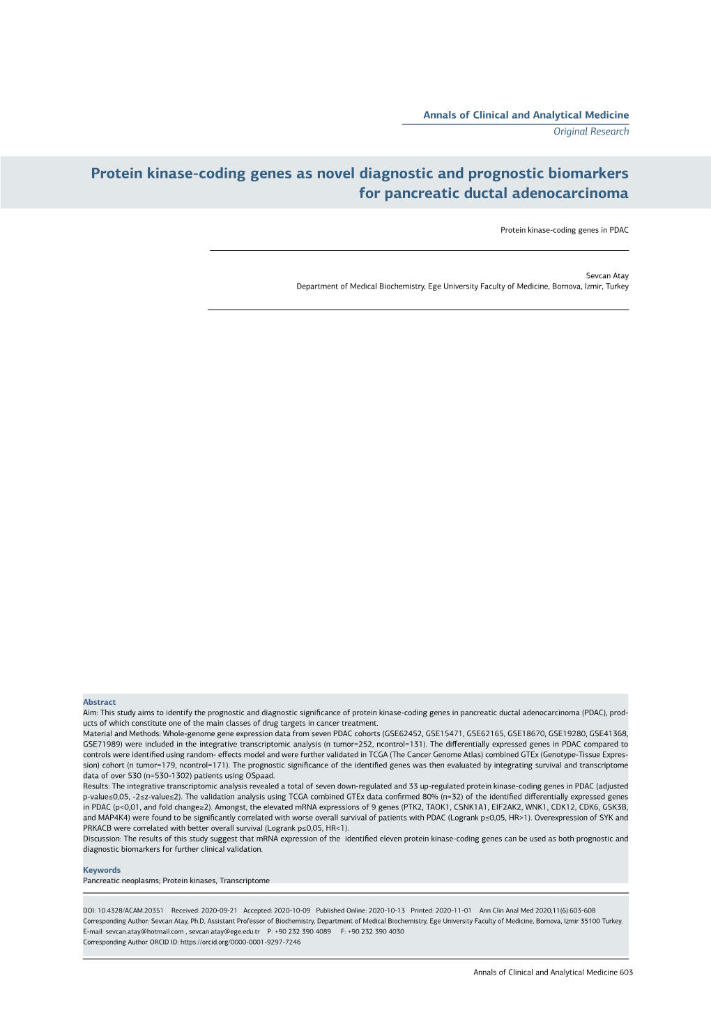 Protein Kinase-Coding Genes As Novel Diagnostic and Prognostic Biomarkers for Pancreatic Ductal Adenocarcinoma