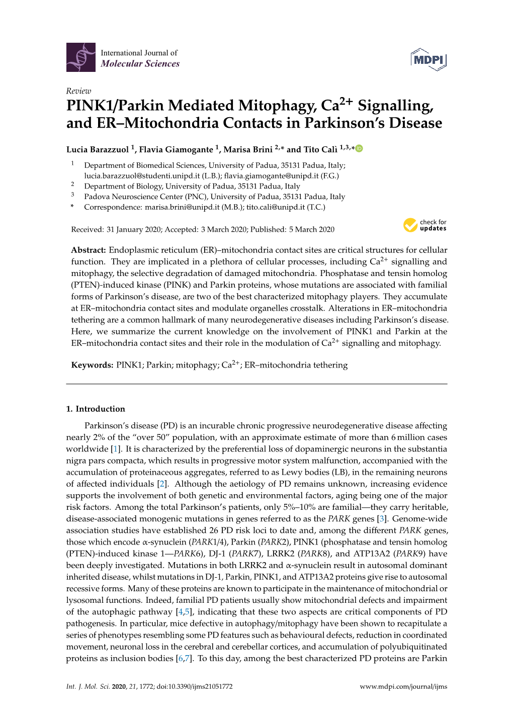 PINK1/Parkin Mediated Mitophagy, Ca2+ Signalling, and ER–Mitochondria Contacts in Parkinson’S Disease