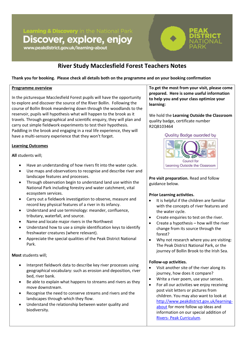 River Study Macclesfield Forest Teachers Notes