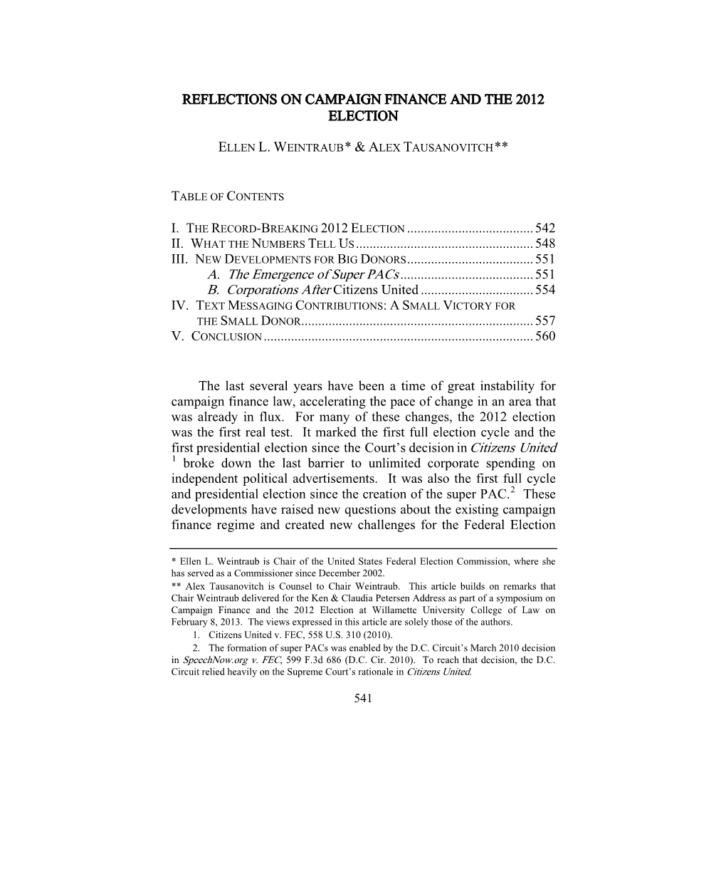 Reflections on Campaign Finance and the 2012 Election Ellen L. Weintraub