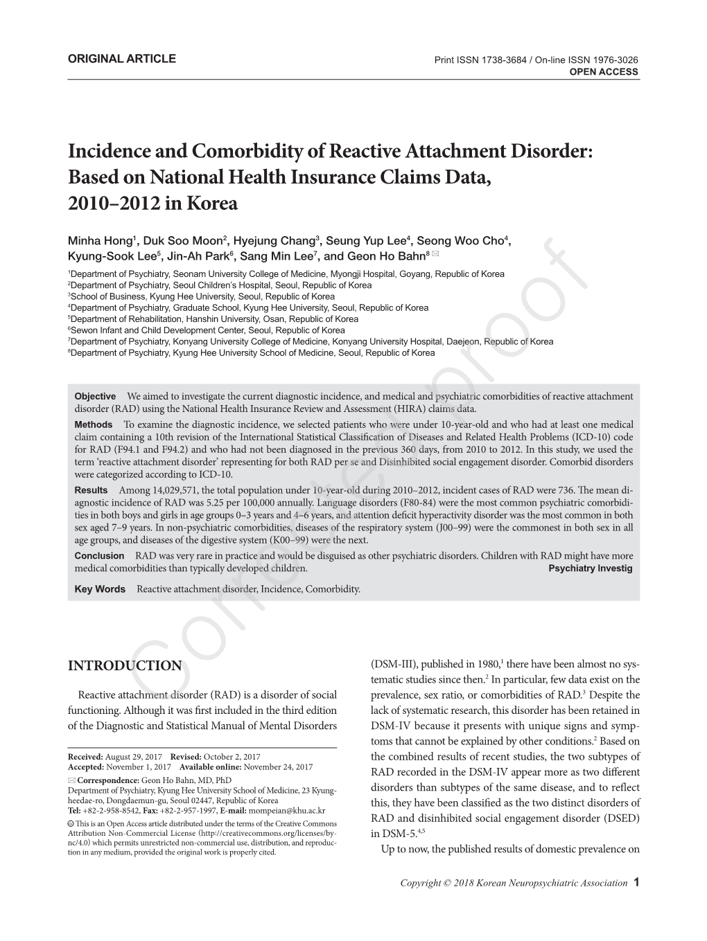 Incidence and Comorbidity of Reactive Attachment Disorder: Based on National Health Insurance Claims Data, 2010–2012 in Korea