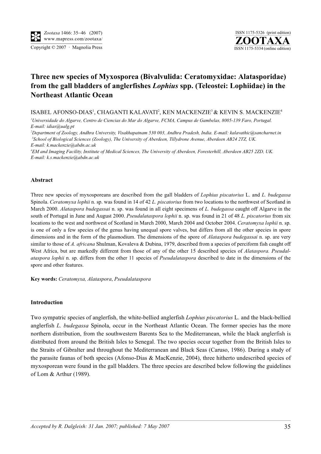 Zootaxa,Three New Species of Myxosporea (Bivalvulida