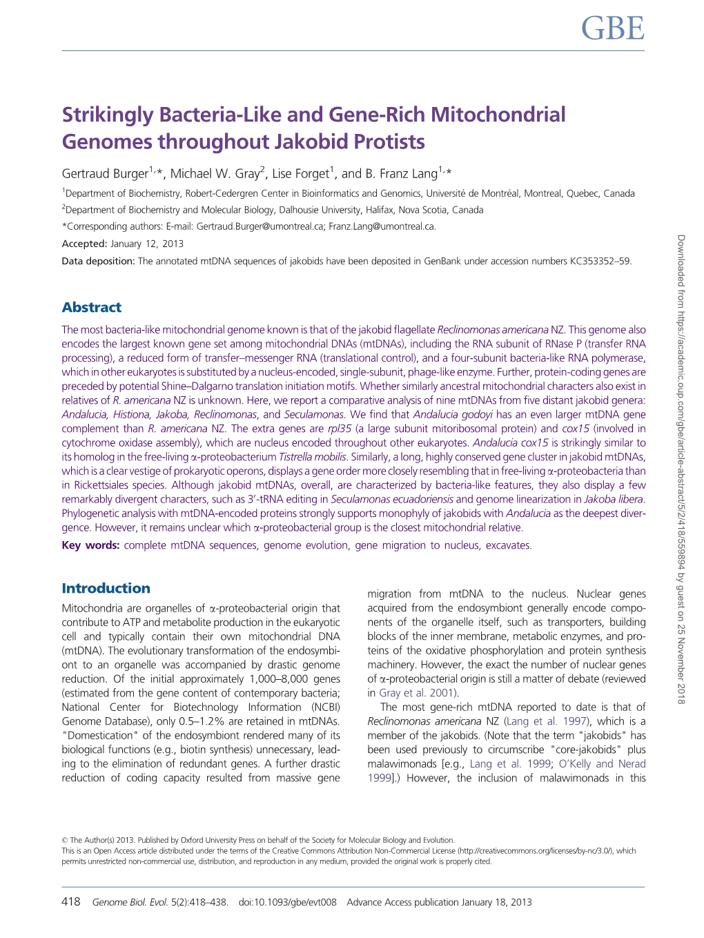 Strikingly Bacteria-Like and Gene-Rich Mitochondrial Genomes Throughout Jakobid Protists