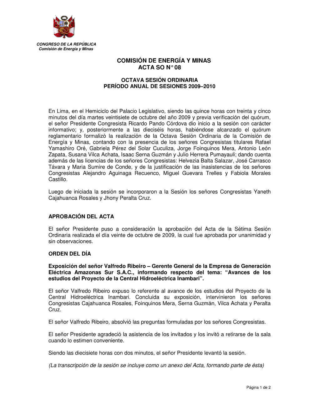 Comisión De Energía Y Minas Acta So N° 08