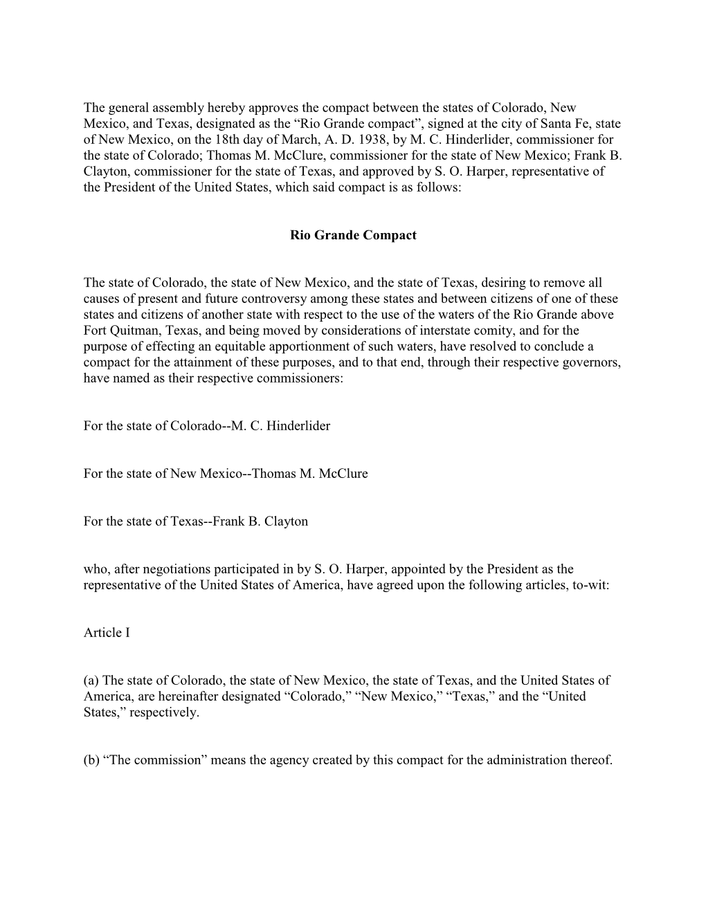 Rio Grande Compact”, Signed at the City of Santa Fe, State of New Mexico, on the 18Th Day of March, A