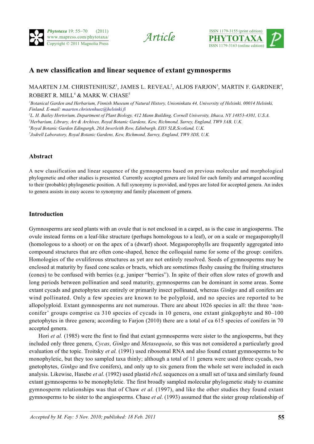 A New Classification and Linear Sequence of Extant Gymnosperms