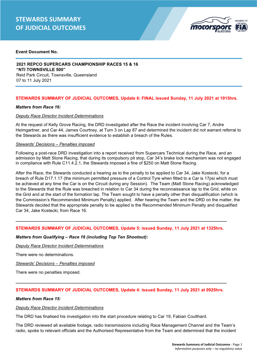 Stewards Summary of Judicial Outcomes