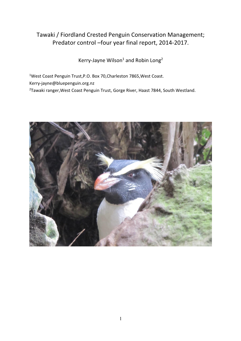 Tawaki / Fiordland Crested Penguin Conservation Management; Predator Control –Four Year Final Report, 2014-2017