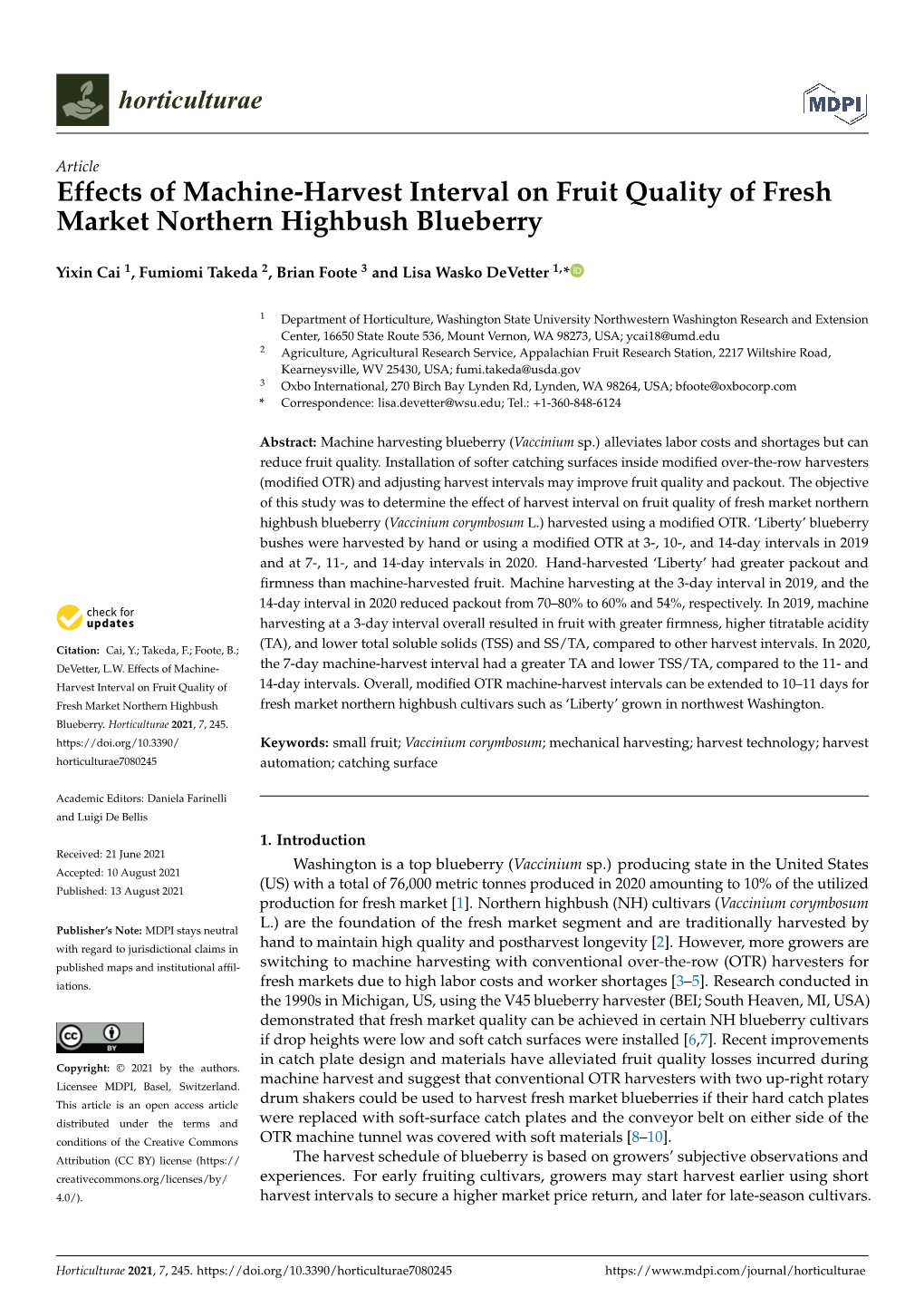 Effects of Machine-Harvest Interval on Fruit Quality of Fresh Market Northern Highbush Blueberry