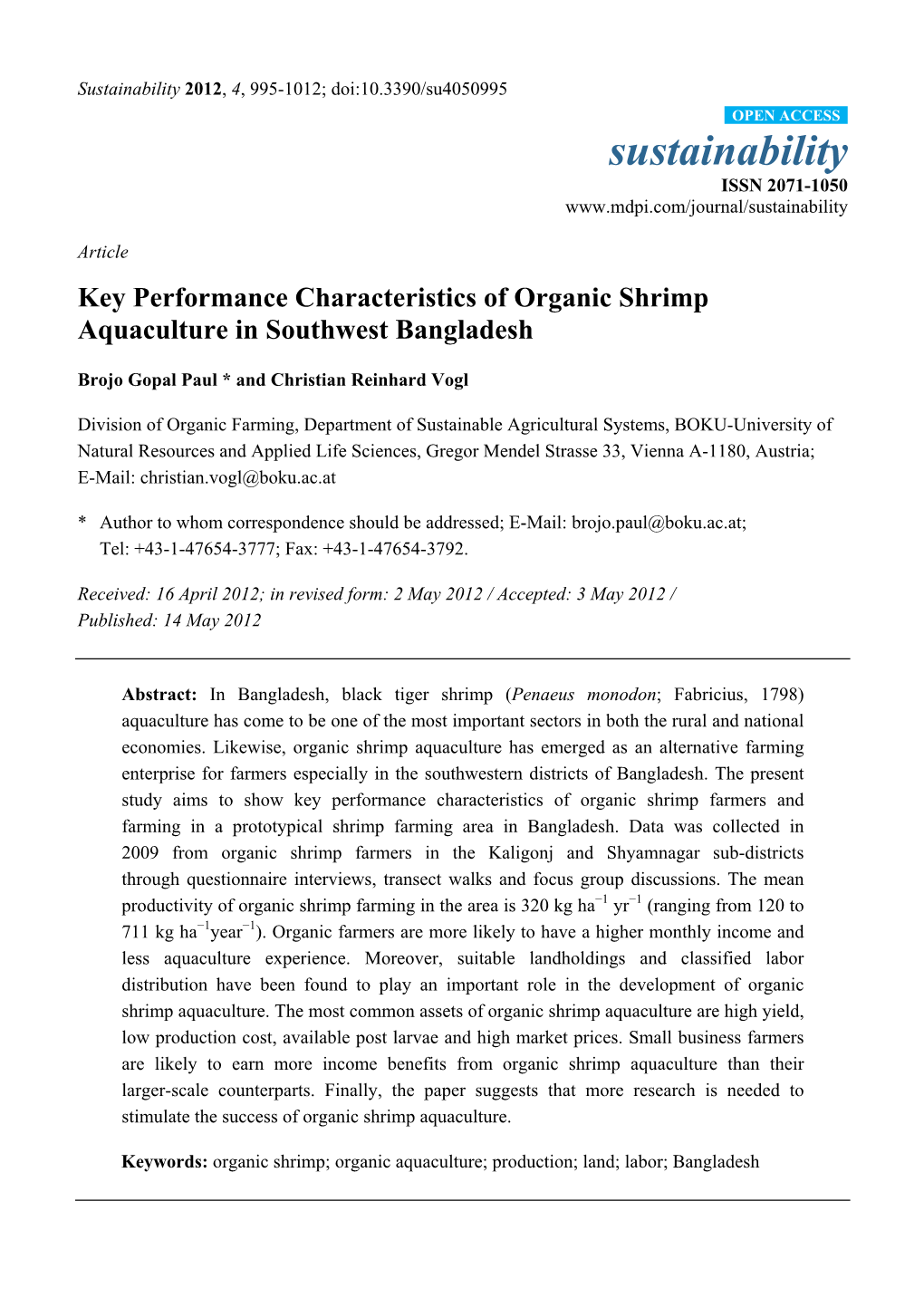 Key Performance Characteristics of Organic Shrimp Aquaculture in Southwest Bangladesh