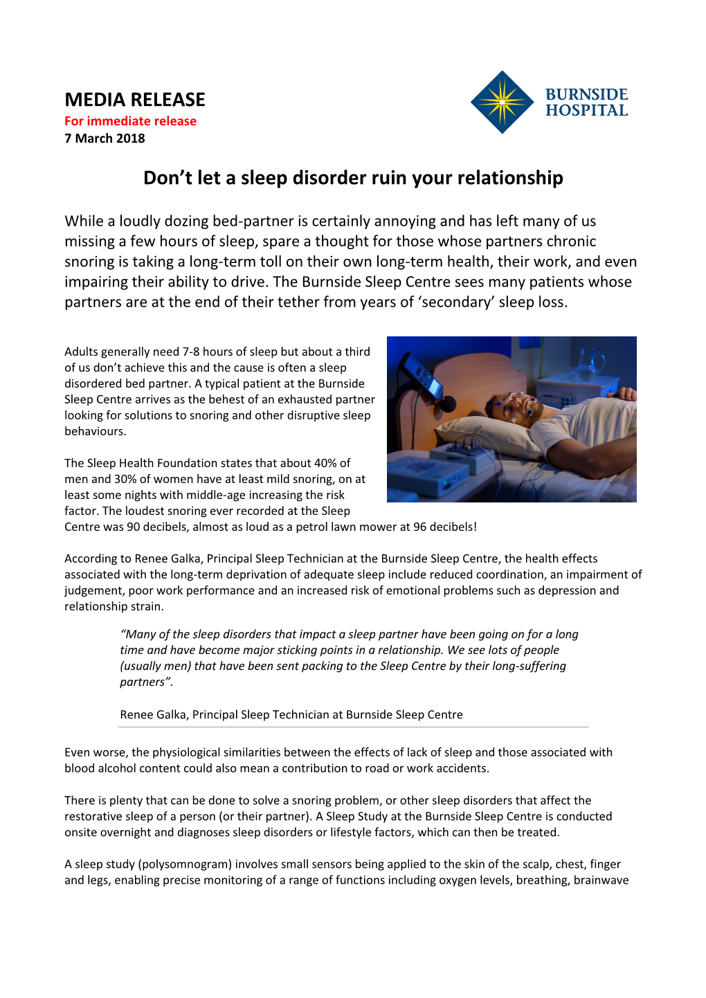 MEDIA RELEASE Don't Let a Sleep Disorder Ruin Your Relationship