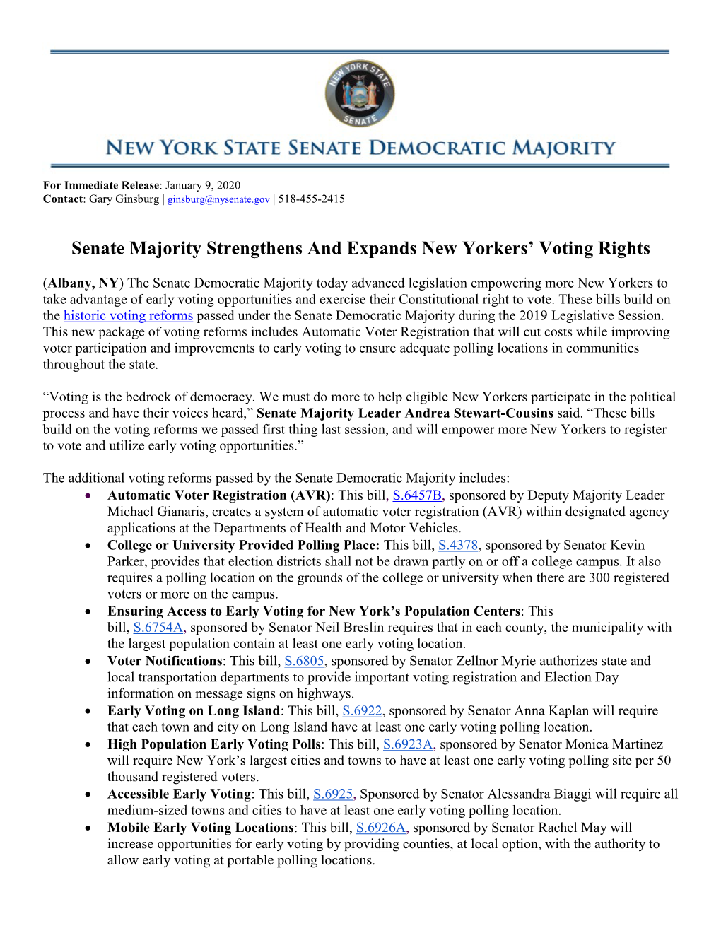 Senate Majority Strengthens and Expands New Yorkers' Voting Rights