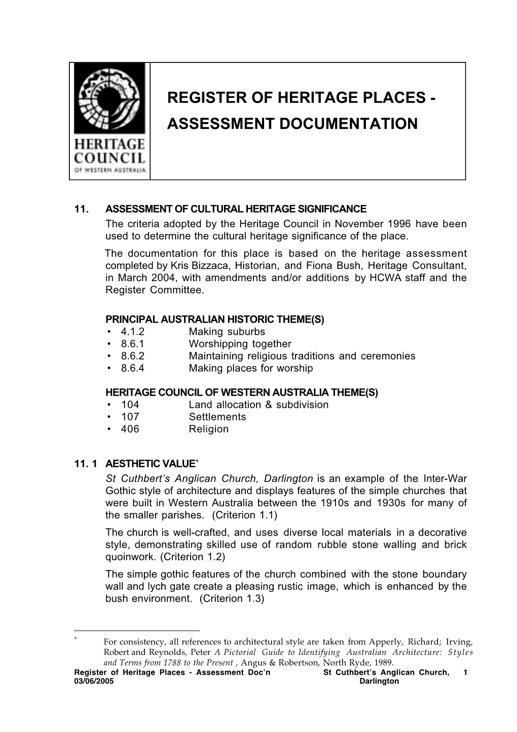 Register of Heritage Places - Assessment Documentation