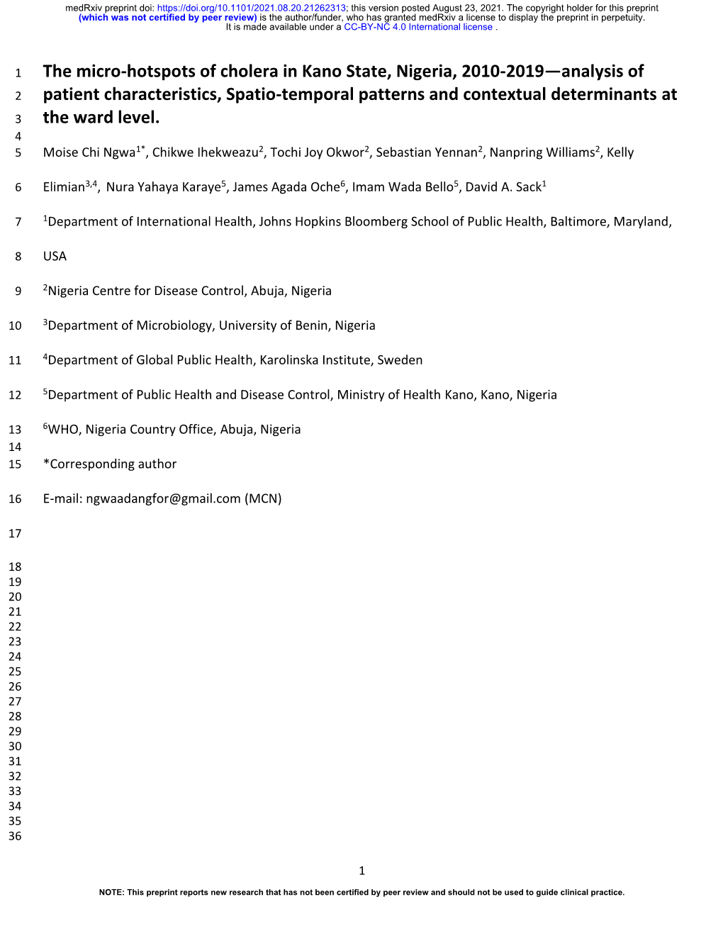 The Micro-Hotspots of Cholera in Kano State, Nigeria, 2010-2019