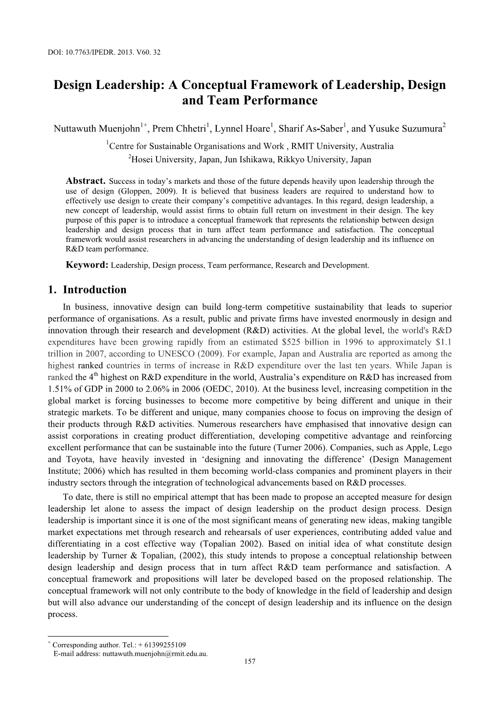 Design Leadership: a Conceptual Framework of Leadership, Design and Team Performance