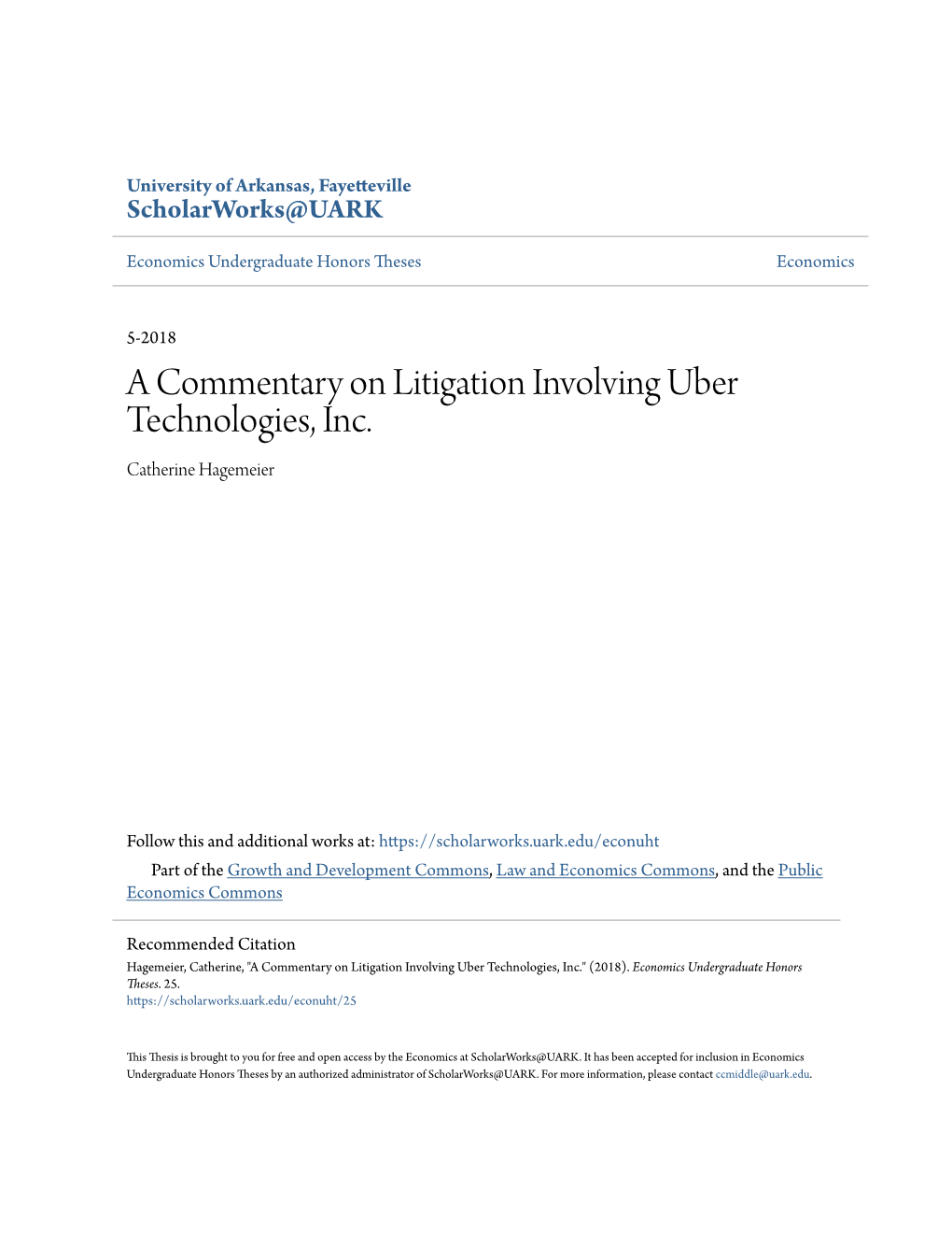 A Commentary on Litigation Involving Uber Technologies, Inc. Catherine Hagemeier
