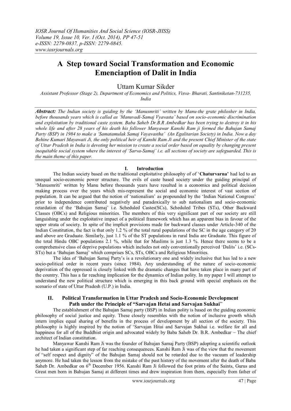 A Step Toward Social Transformation and Economic Emenciaption of Dalit in India