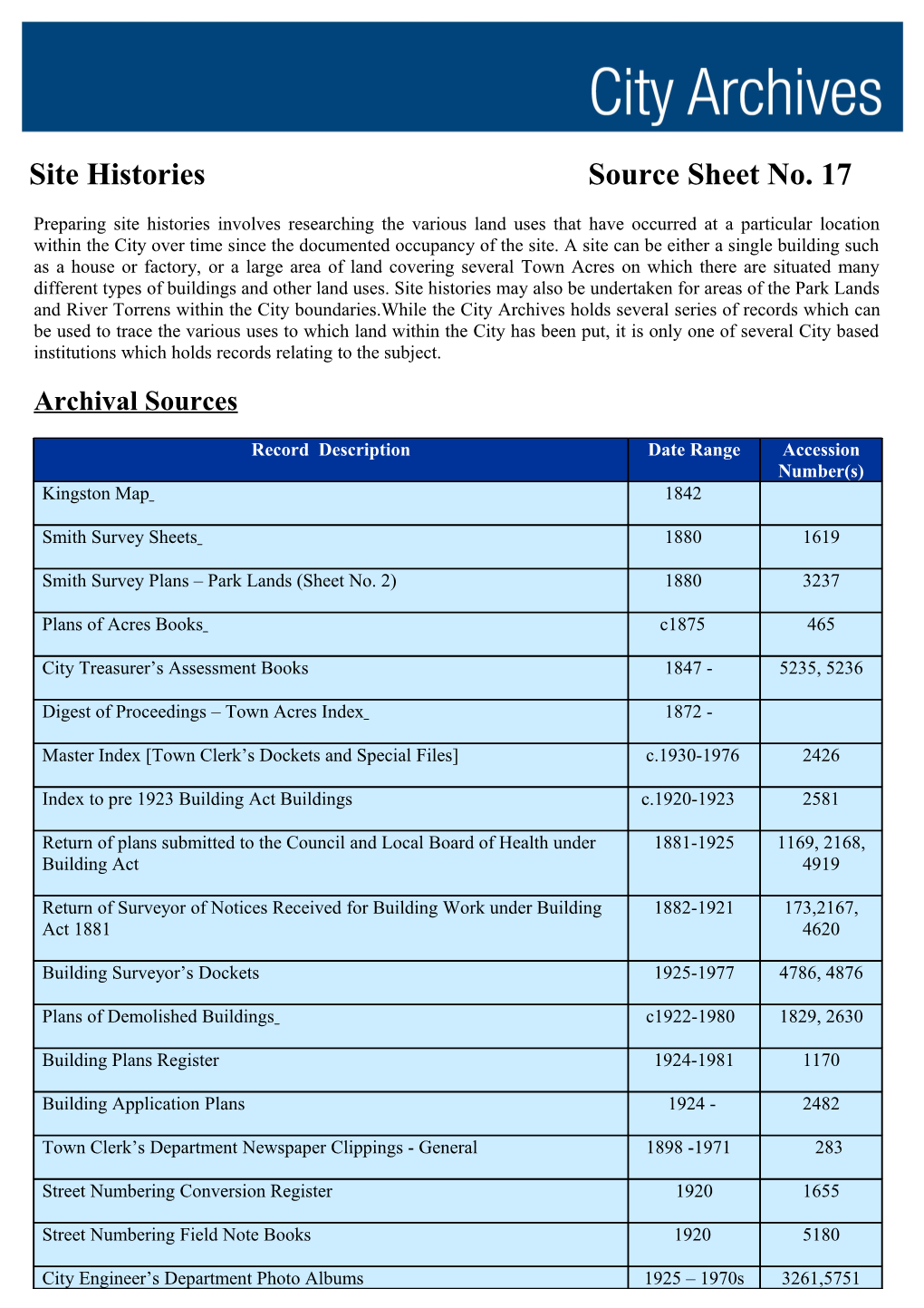 Site Histories Source Sheet No. 17