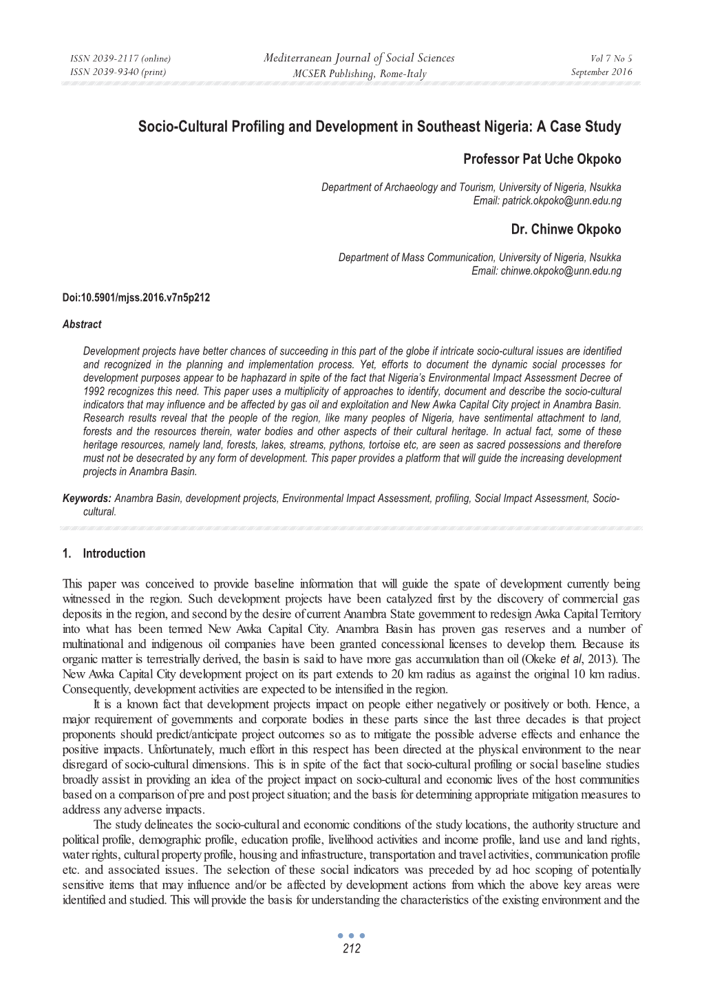 Socio-Cultural Profiling and Development in Southeast Nigeria: a Case Study