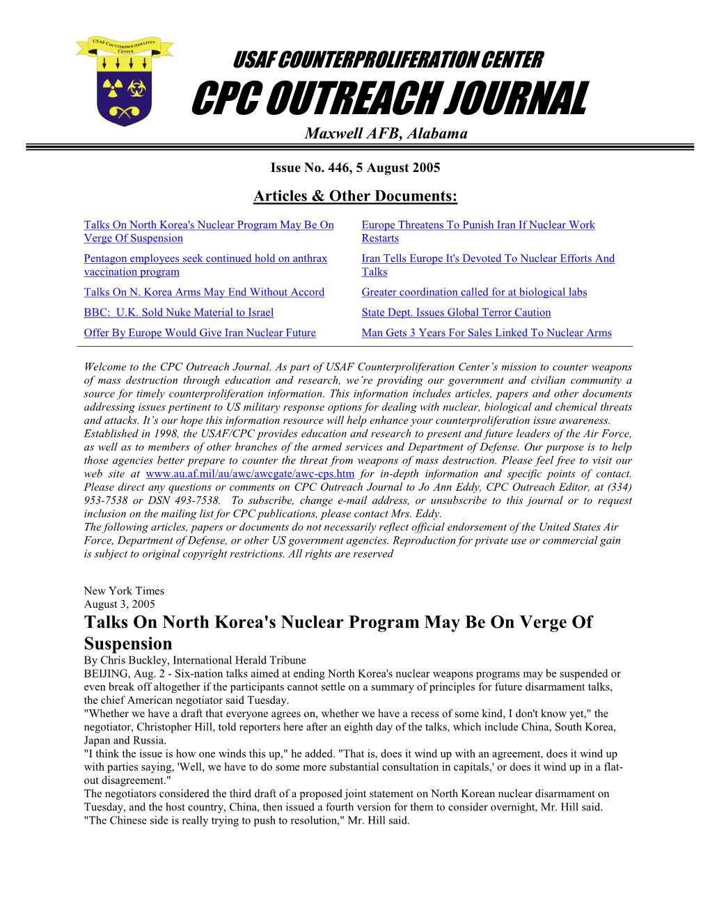 USAF Counterproliferation Center CPC Outreach Journal #446