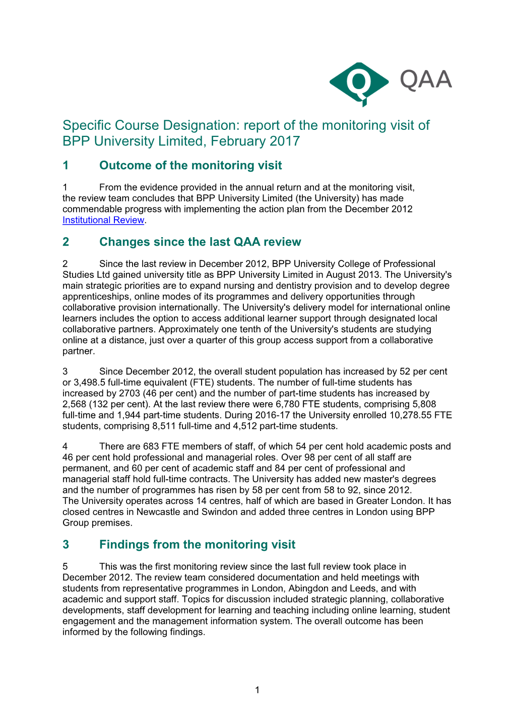 BPP University Limited, Monitoring Visit Report, February 2017