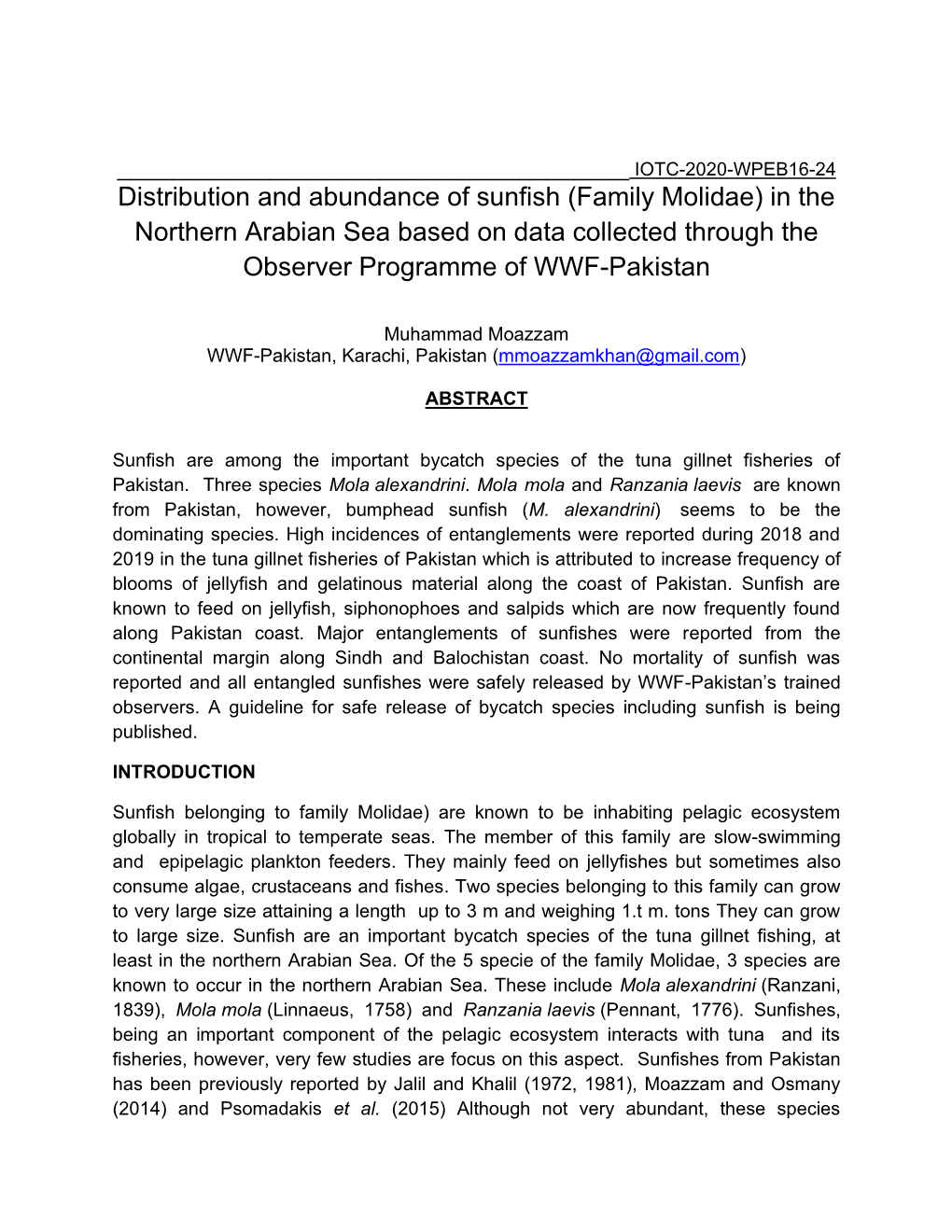 Distribution and Abundance of Sunfish (Family Molidae) in the Northern Arabian Sea Based on Data Collected Through the Observer Programme of WWF-Pakistan