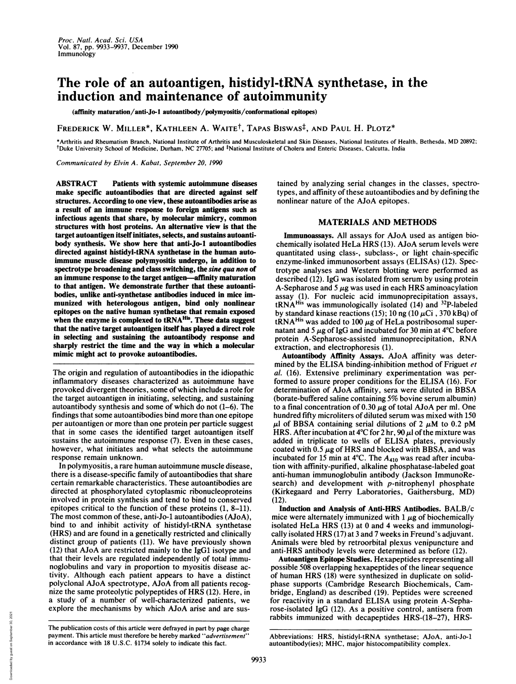 The Role of an Autoantigen, Histidyl-Trnasynthetase, in The