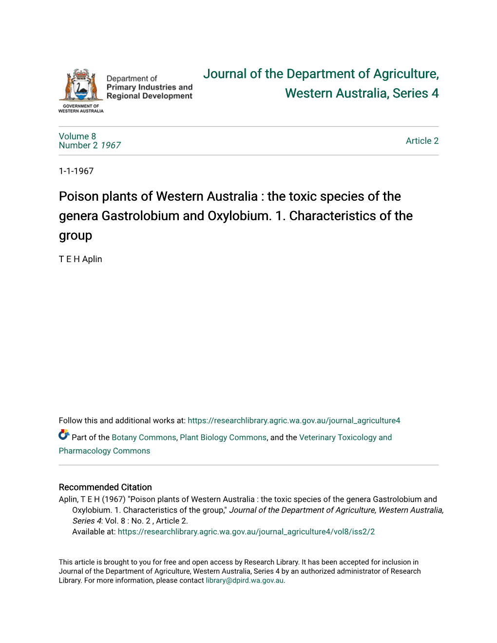 The Toxic Species of the Genera Gastrolobium and Oxylobium. 1