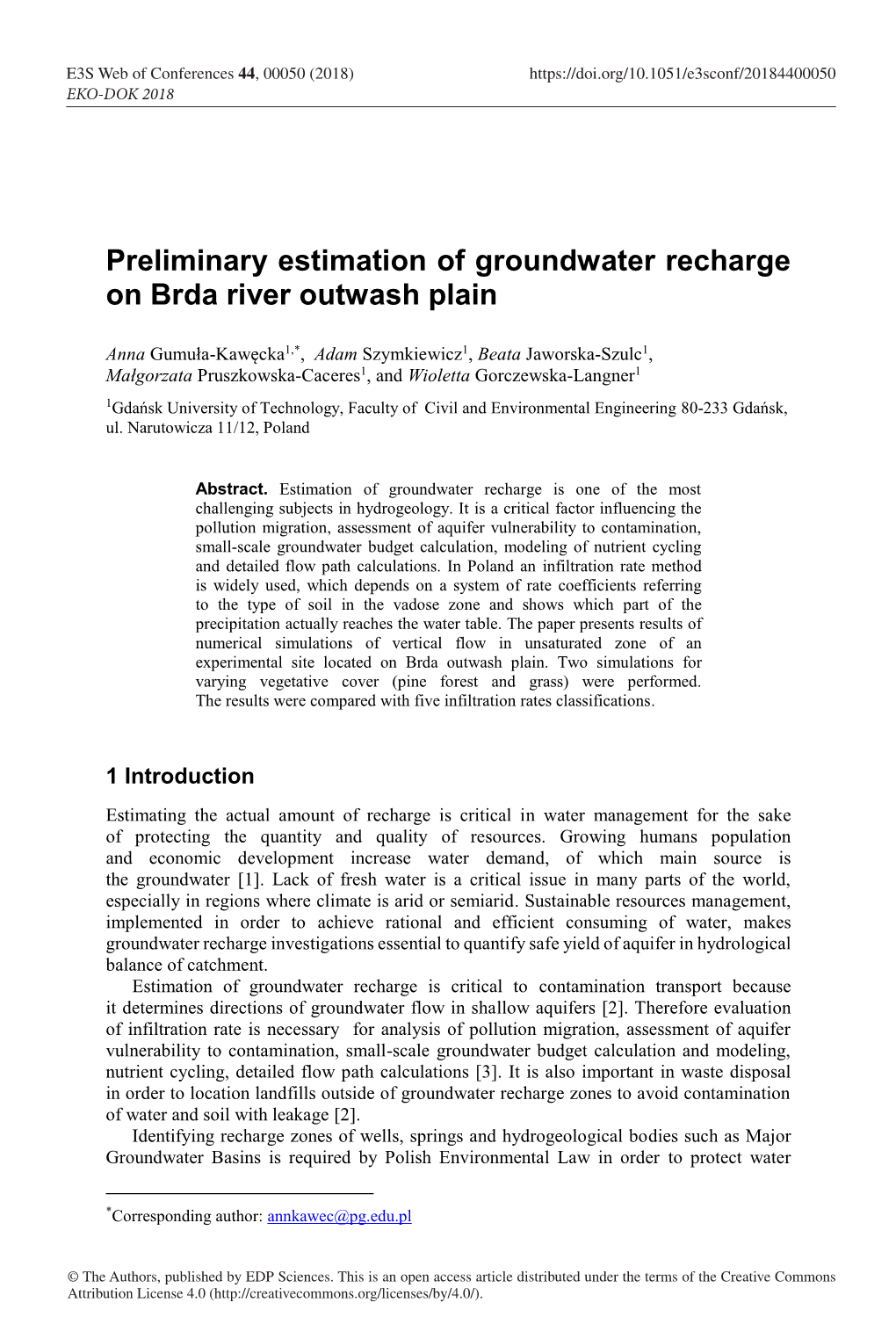 Preliminary Estimation of Groundwater Recharge on Brda River Outwash Plain