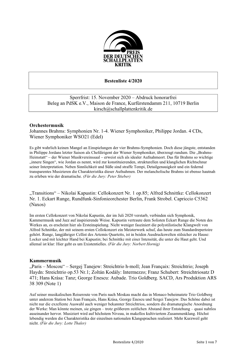 Bestenliste 4/2020 Sperrfrist: 15. November 2020 – Abdruck Honorarfrei Beleg an Pdsk E.V., Maison De France, Kurfürstendamm 2