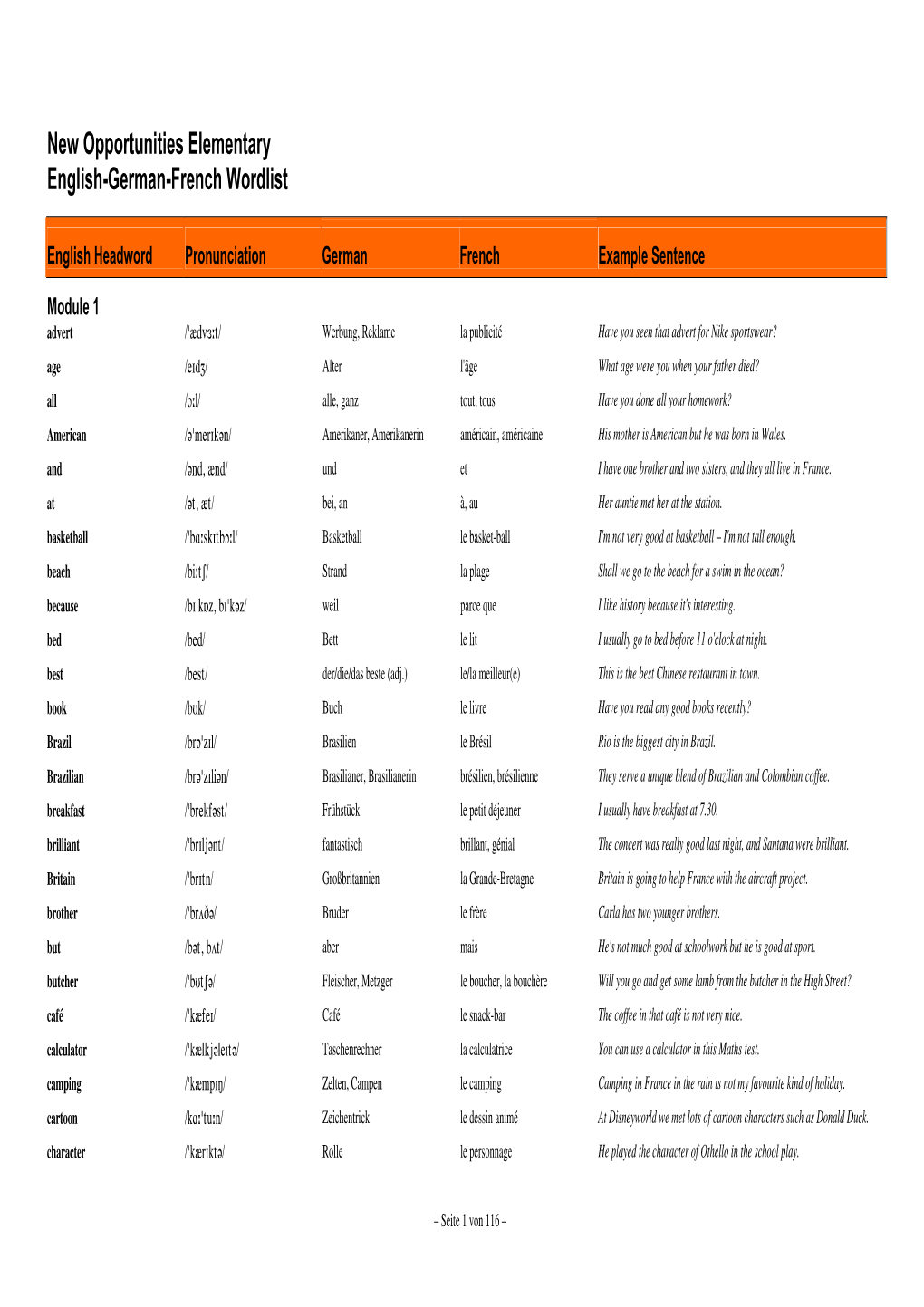 New Opportunities Elementary English-German-French Wordlist