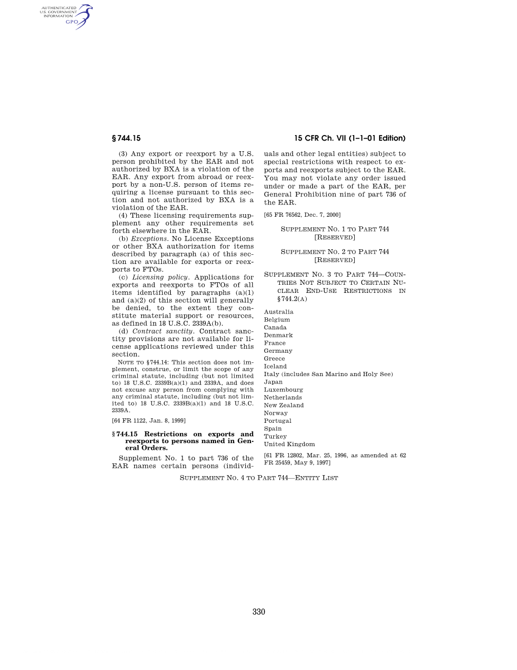 15 CFR Ch. VII (1–1–01 Edition) § 744.15