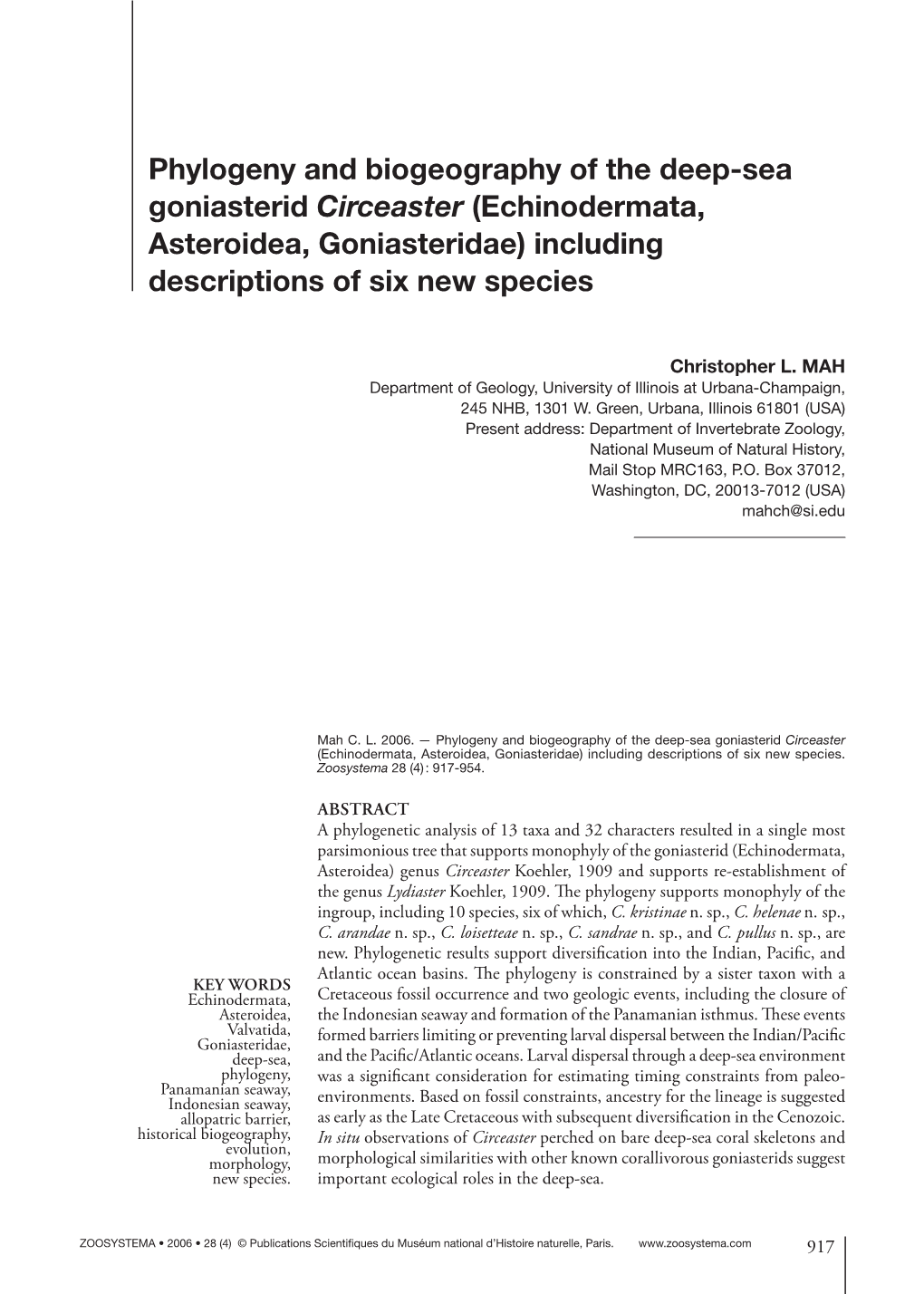 Phylogeny and Biogeography of the Deep-Sea Goniasterid Circeaster (Echinodermata, Asteroidea, Goniasteridae) Including Descriptions of Six New Species