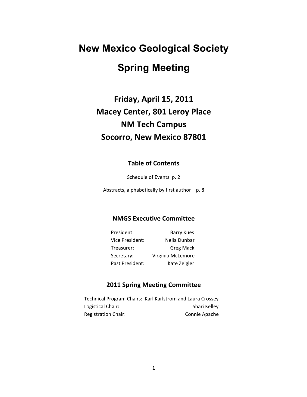 2011 Macey Center, 801 Leroy Place NM Tech Campus Socorro, New Mexico 87801