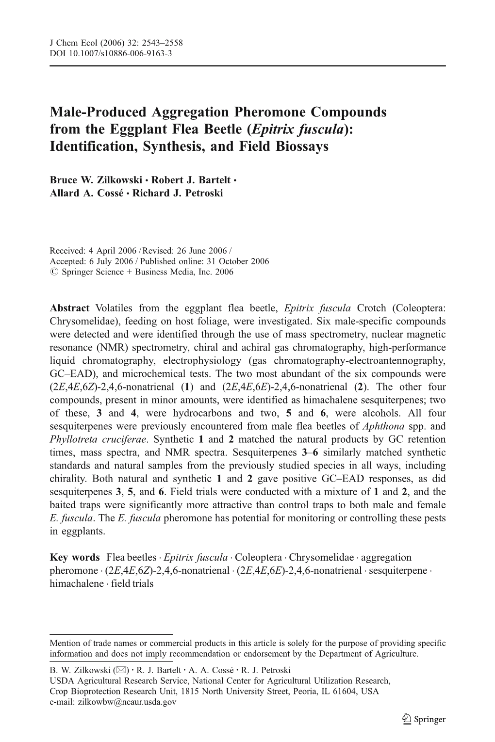 Epitrix Fuscula): Identification, Synthesis, and Field Biossays