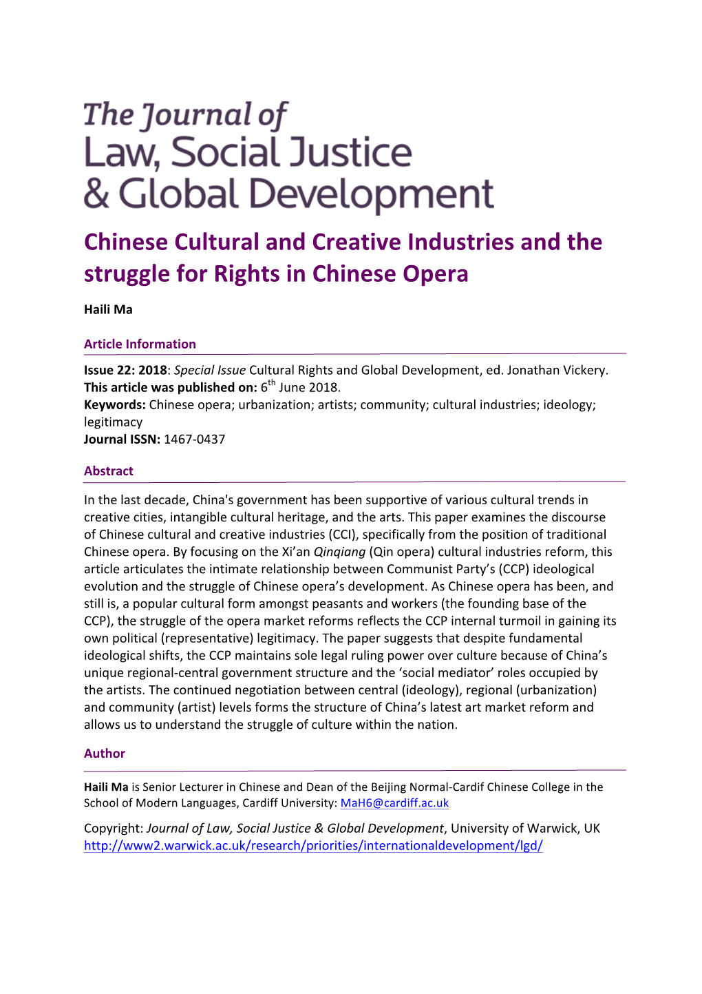 Chinese Cultural and Creative Industries and the Struggle for Rights in Chinese Opera