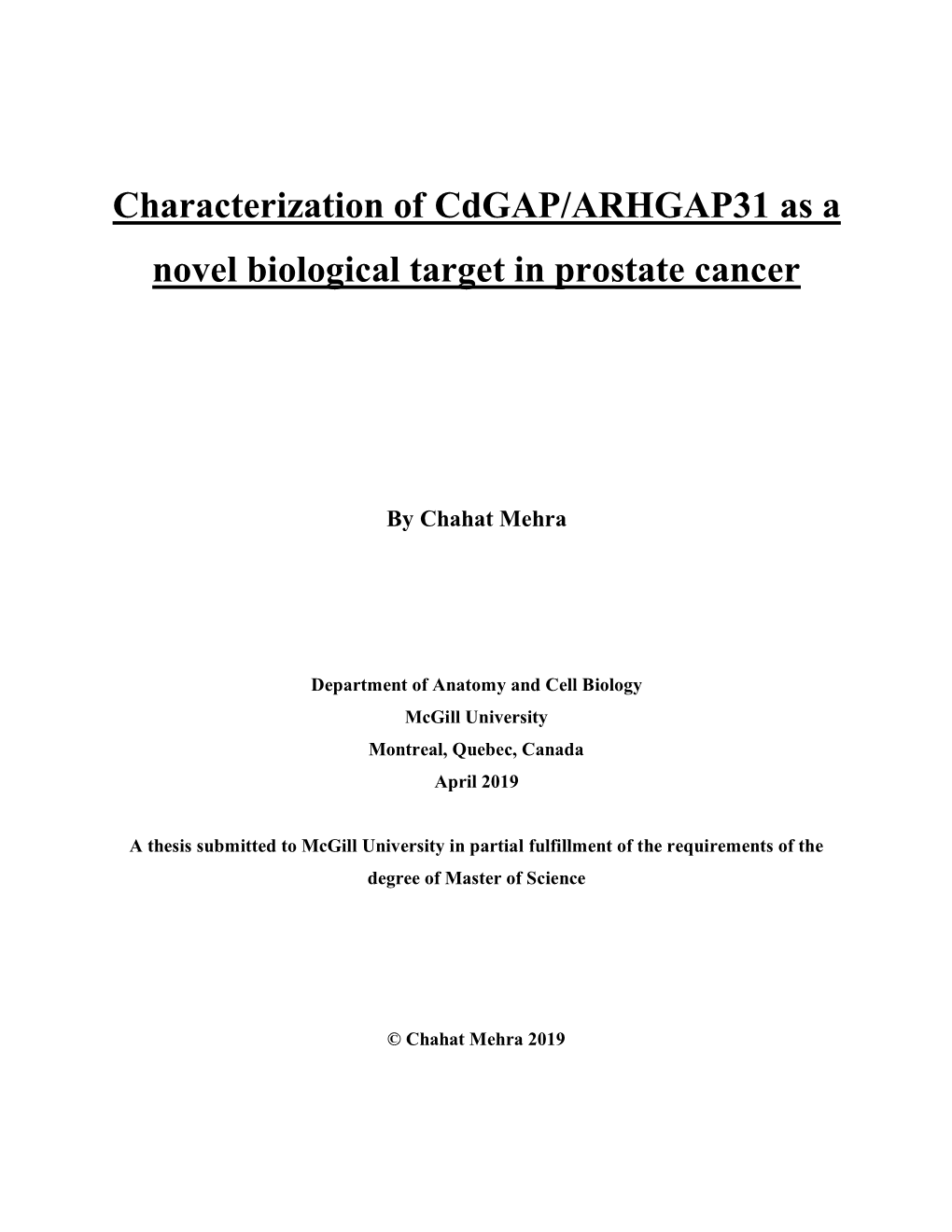 Characterization of Cdgap/ARHGAP31 As a Novel Biological Target in Prostate Cancer