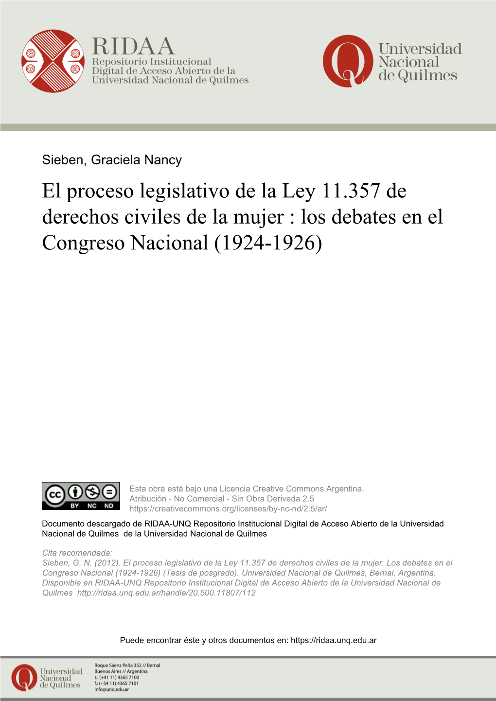 El Proceso Legislativo De La Ley 11.357 De Derechos Civiles De La Mujer : Los Debates En El Congreso Nacional (1924-1926)