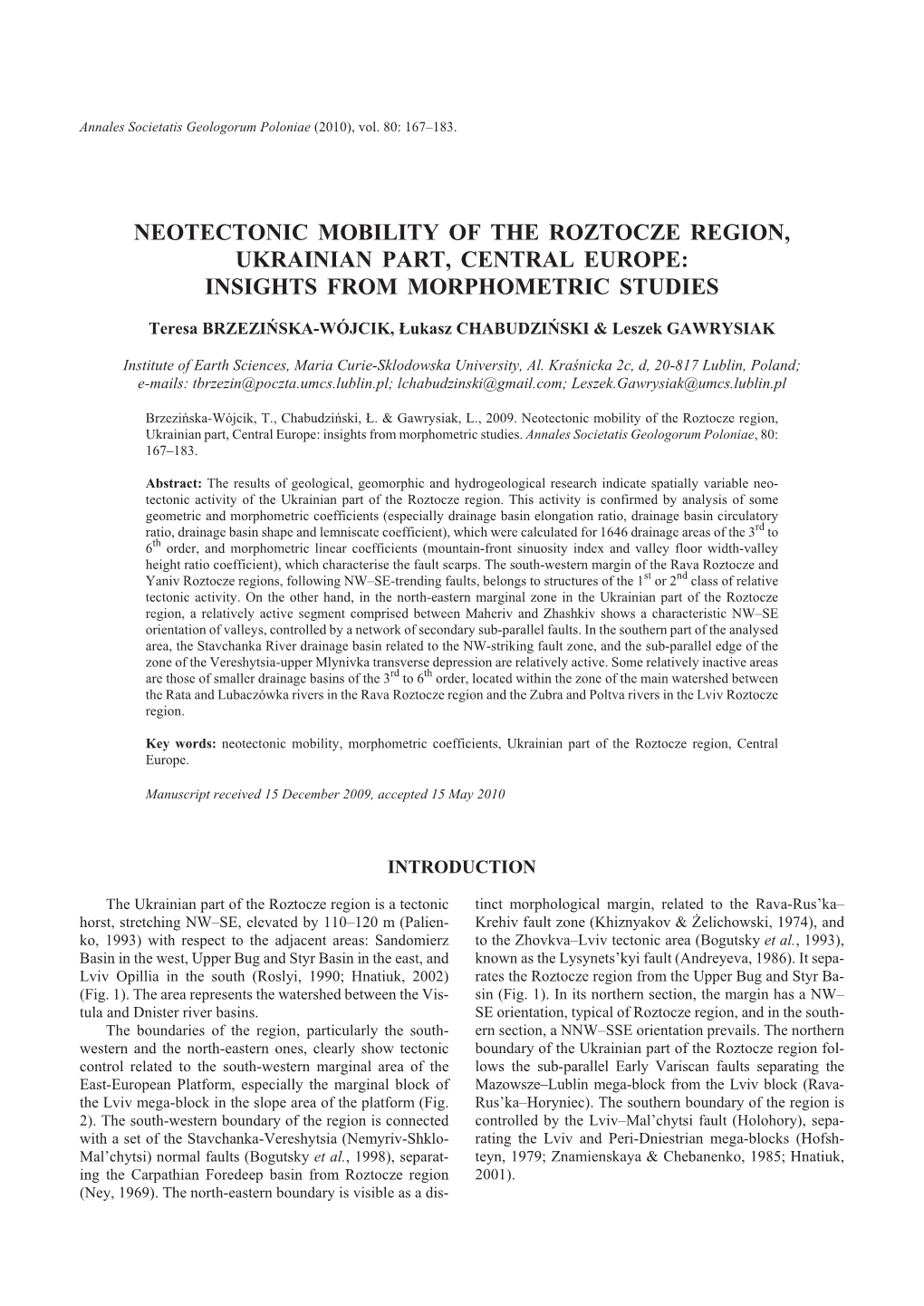 Neotectonic Mobility of the Roztocze Region, Ukrainian Part, Central Europe: Insights from Morphometric Studies